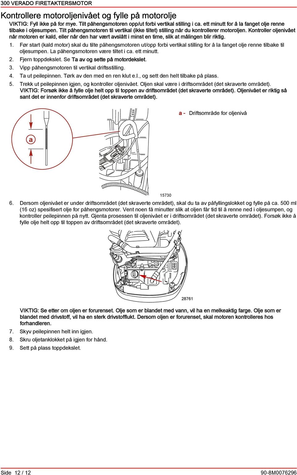 1. Før strt (kl motor) skl u tilte påhengsmotoren ut/opp fori vertikl stilling for å l fnget olje renne tilke til oljesumpen. L påhengsmotoren være tiltet i. ett minutt. 2. Fjern toppekslet.