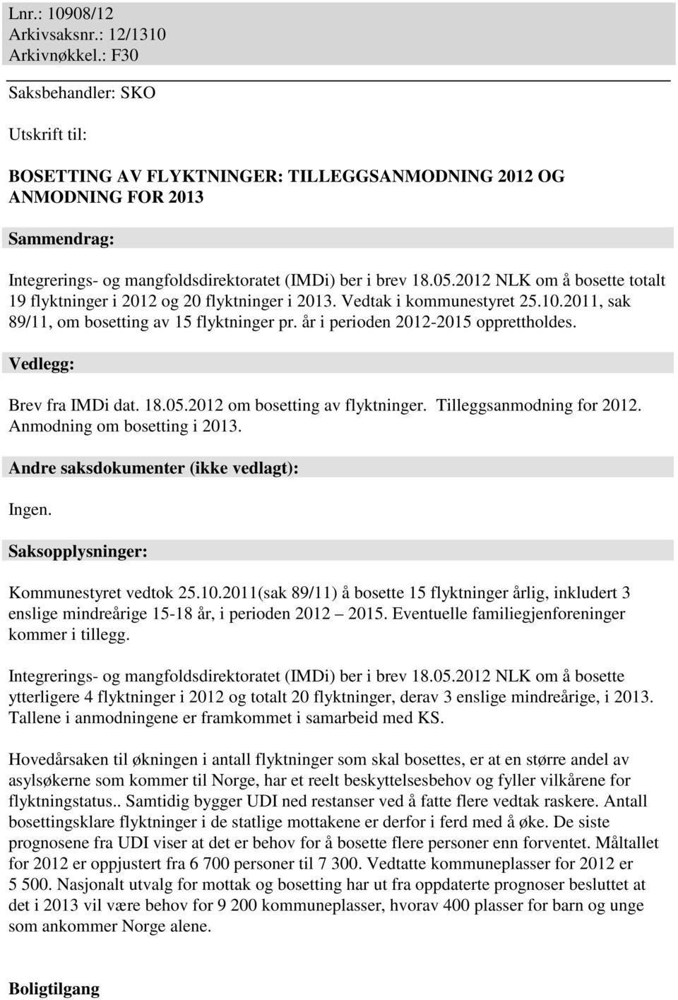 2012 NLK om å bosette totalt 19 flyktninger i 2012 og 20 flyktninger i 2013. Vedtak i kommunestyret 25.10.2011, sak 89/11, om bosetting av 15 flyktninger pr. år i perioden 2012-2015 opprettholdes.