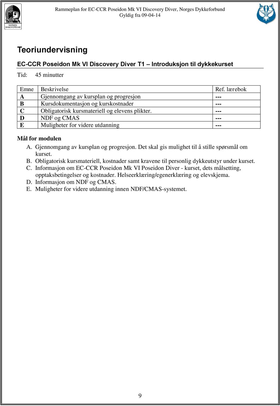 --- D NDF og CMAS --- E Muligheter for videre utdanning --- Mål for modulen A. Gjennomgang av kursplan og progresjon. Det skal gis mulighet til å stille spørsmål om kurset. B.