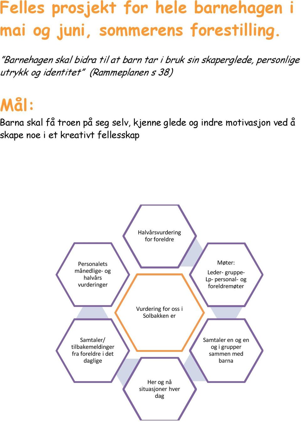 selv, kjenne glede og indre motivasjon ved å skape noe i et kreativt fellesskap Halvårsvurdering for foreldre Personalets månedlige- og halvårs