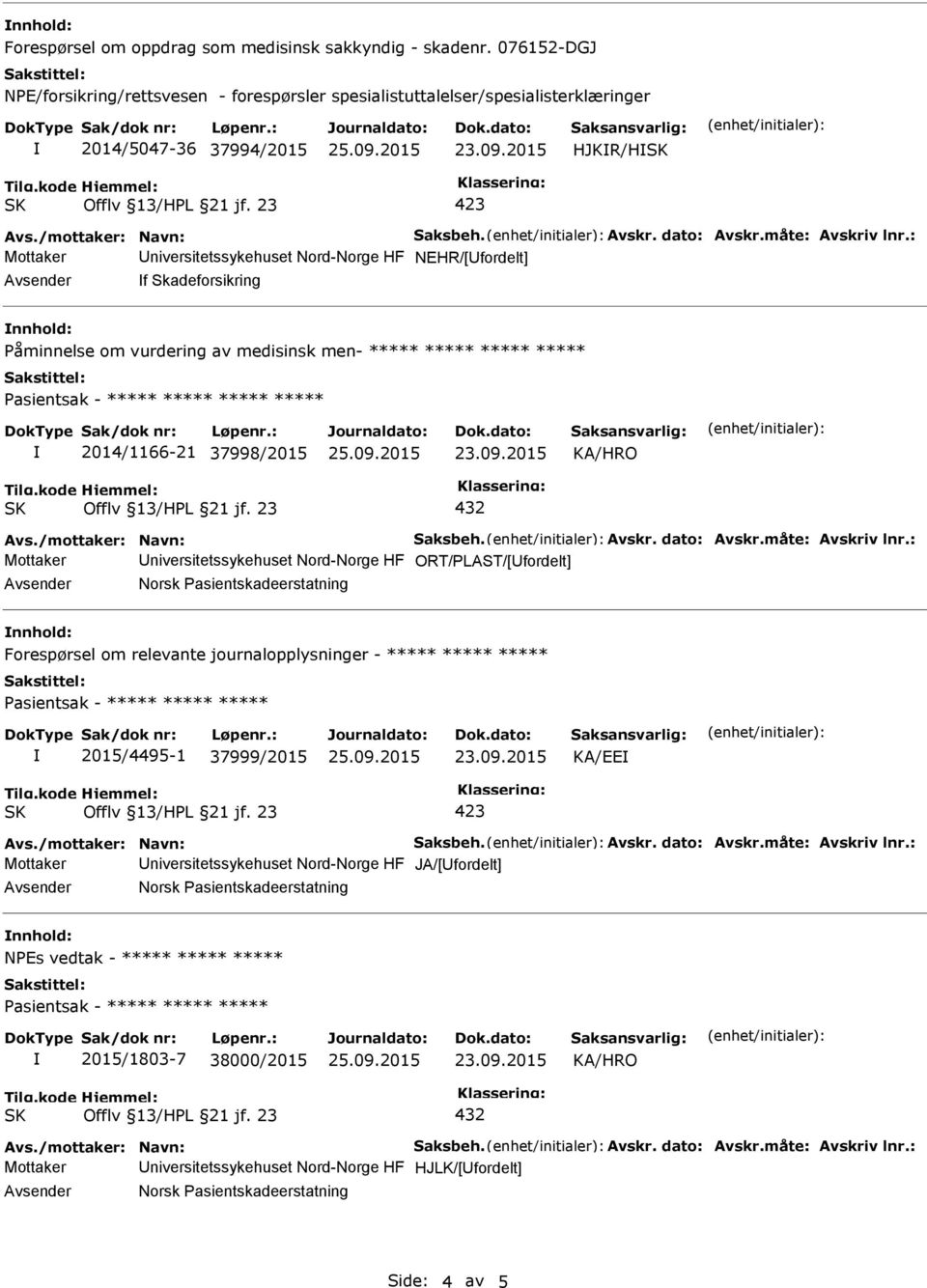 : Mottaker niversitetssykehuset Nord-Norge HF NEHR/[fordelt] Avsender f Skadeforsikring nnhold: Påminnelse om vurdering av medisinsk men- ***** ***** ***** ***** ***** 2014/1166-21 37998/2015 KA/HRO