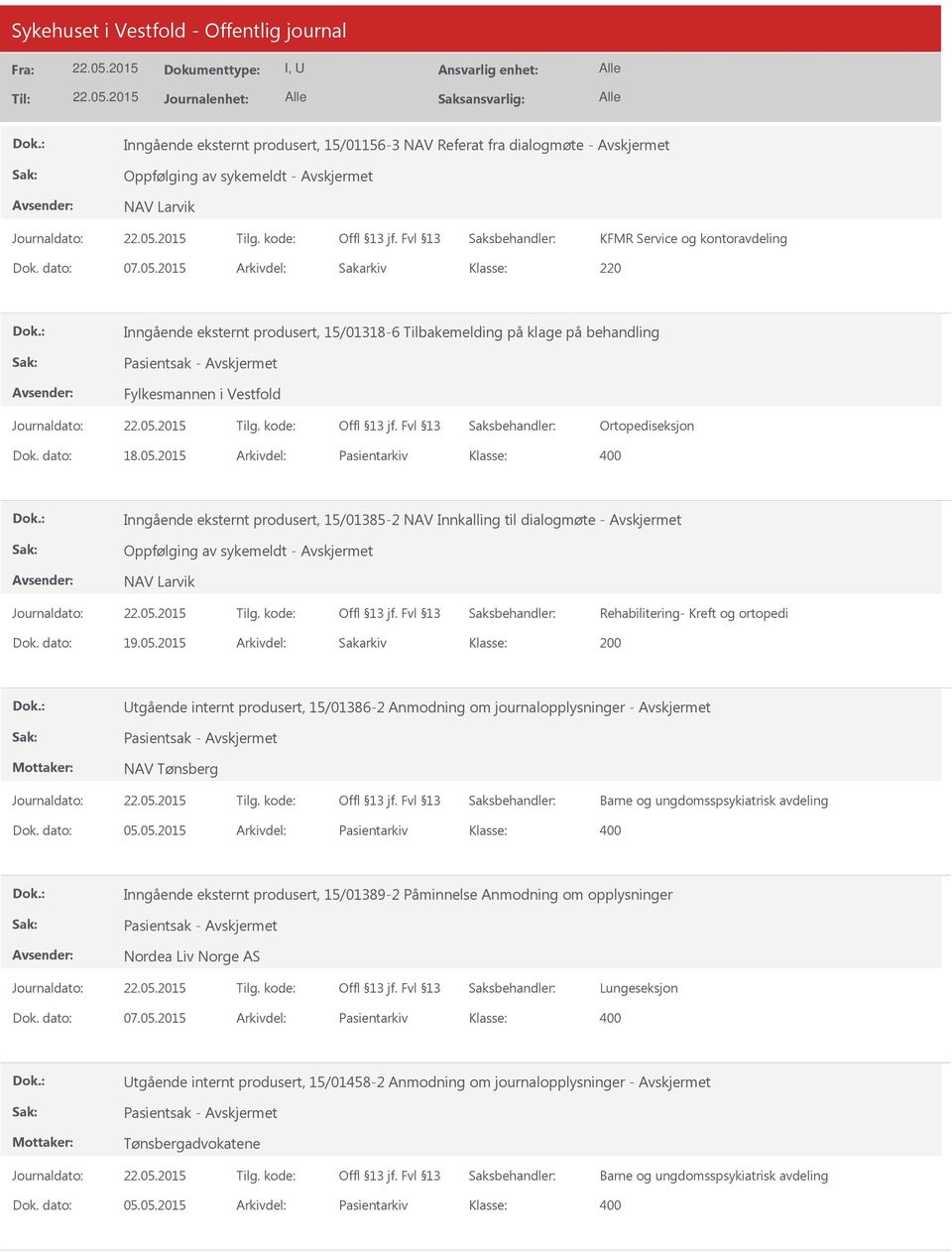 2015 Arkivdel: Pasientarkiv Inngående eksternt produsert, 15/01385-2 NAV Innkalling til dialogmøte - Oppfølging av sykemeldt - NAV Larvik Rehabilitering- Kreft og ortopedi Dok. dato: 19.05.