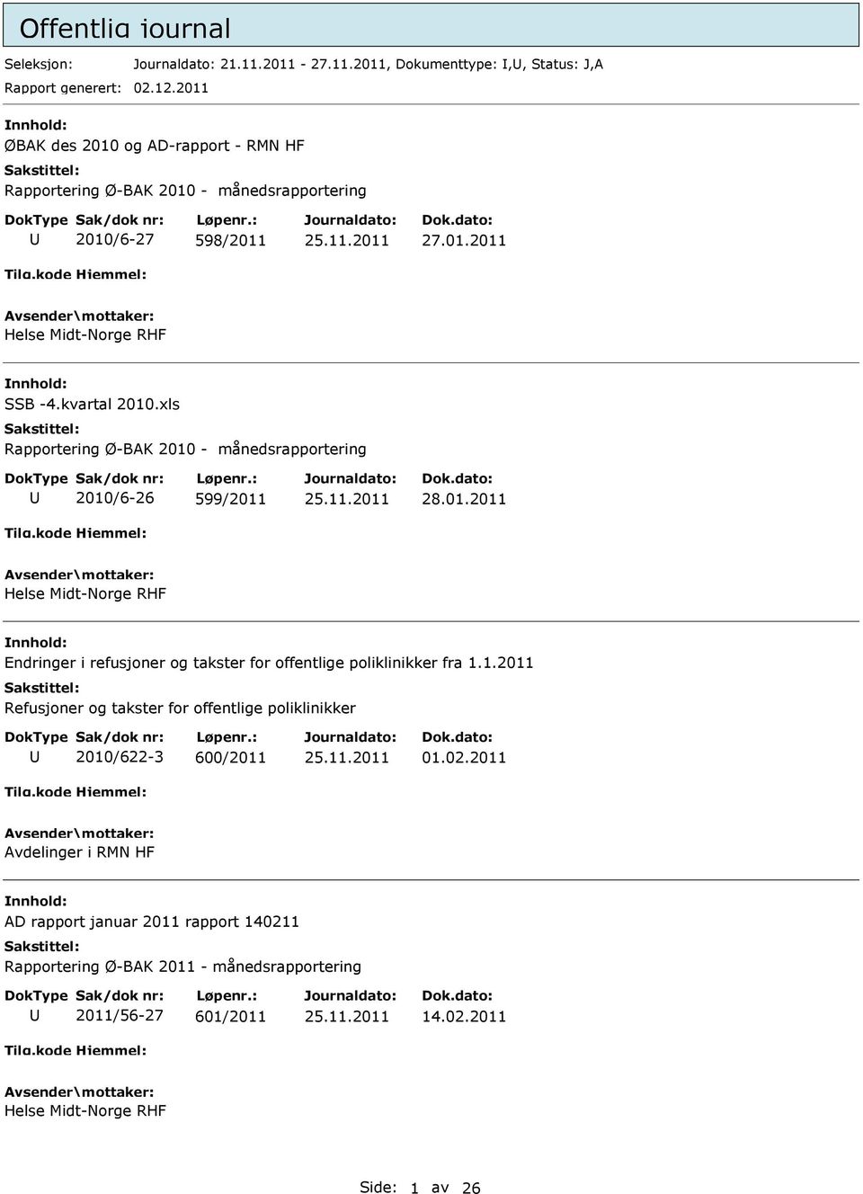 xls Rapportering Ø-BAK 2010 - månedsrapportering 2010/6-26 599/2011 28.01.2011 Helse Midt-Norge RHF Endringer i refusjoner og takster for offentlige poliklinikker fra 1.