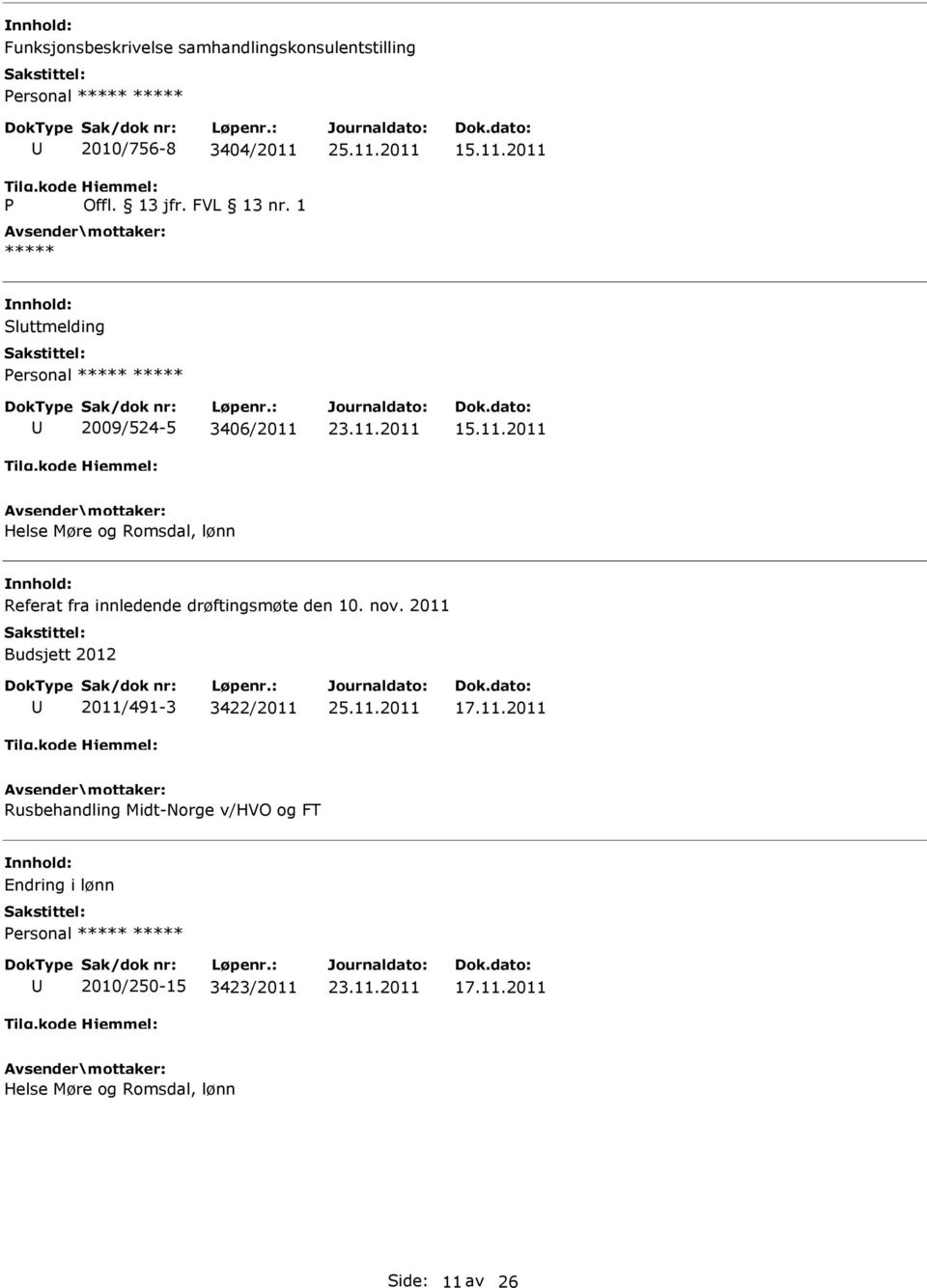 nov. 2011 Budsjett 2012 2011/491-3 3422/2011 17.11.2011 Rusbehandling Midt-Norge v/hvo og FT Endring i lønn ersonal 2010/250-15 3423/2011 17.