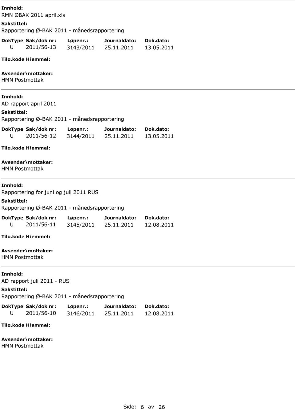 2011 HMN ostmottak Rapportering for juni og juli 2011 RS 2011/56-11