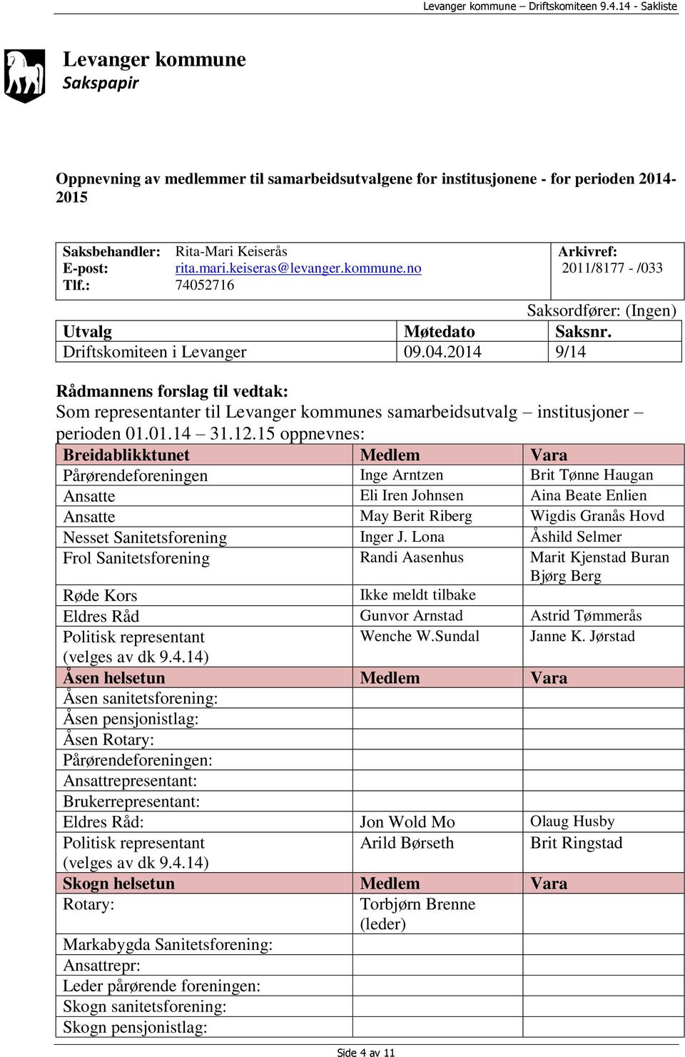 2014 9/14 Rådmannens forslag til vedtak: Som representanter til Levanger kommunes samarbeidsutvalg institusjoner perioden 01.01.14 31.12.