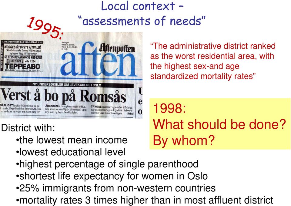 level highest percentage of single parenthood shortest life expectancy for women in Oslo 1998: What should be