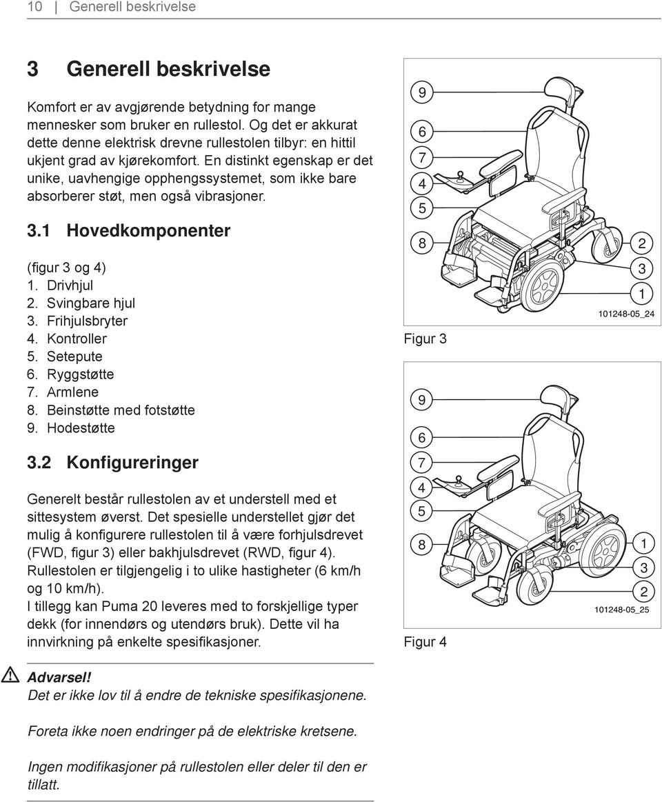 En distinkt egenskap er det unike, uavhengige opphengssystemet, som ikke bare absorberer støt, men også vibrasjoner. 3.1 Hovedkomponenter (fi gur 3 og 4) 1. Drivhjul 2. Svingbare hjul 3.