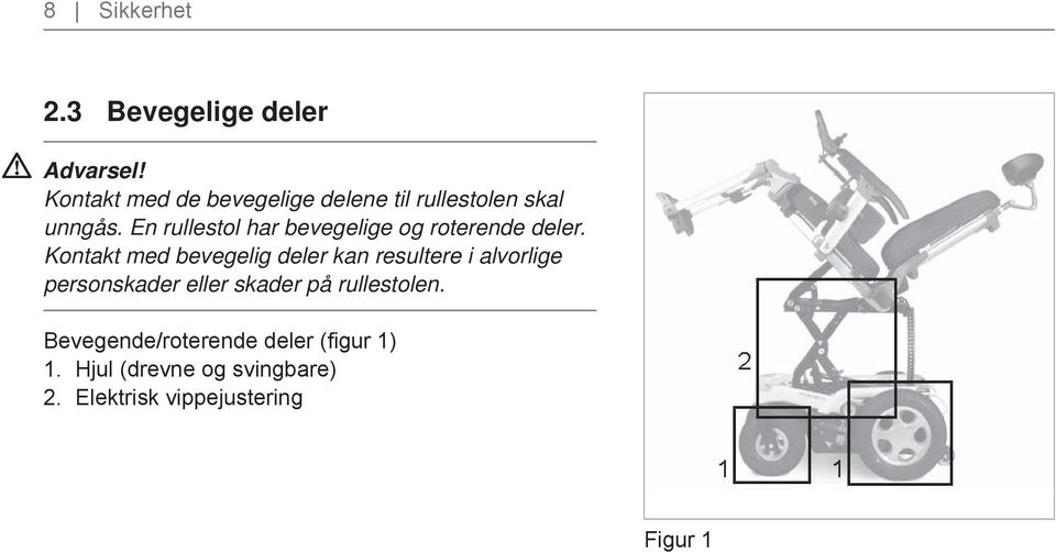 En rullestol har bevegelige og roterende deler.