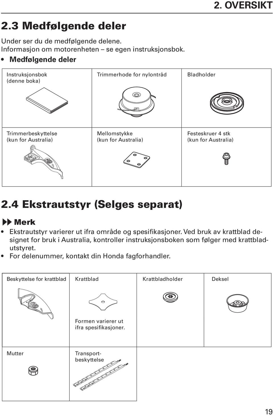 for Australia) 2.4 Ekstrautstyr (Selges separat) Merk Ekstrautstyr varierer ut ifra område og spesifikasjoner.