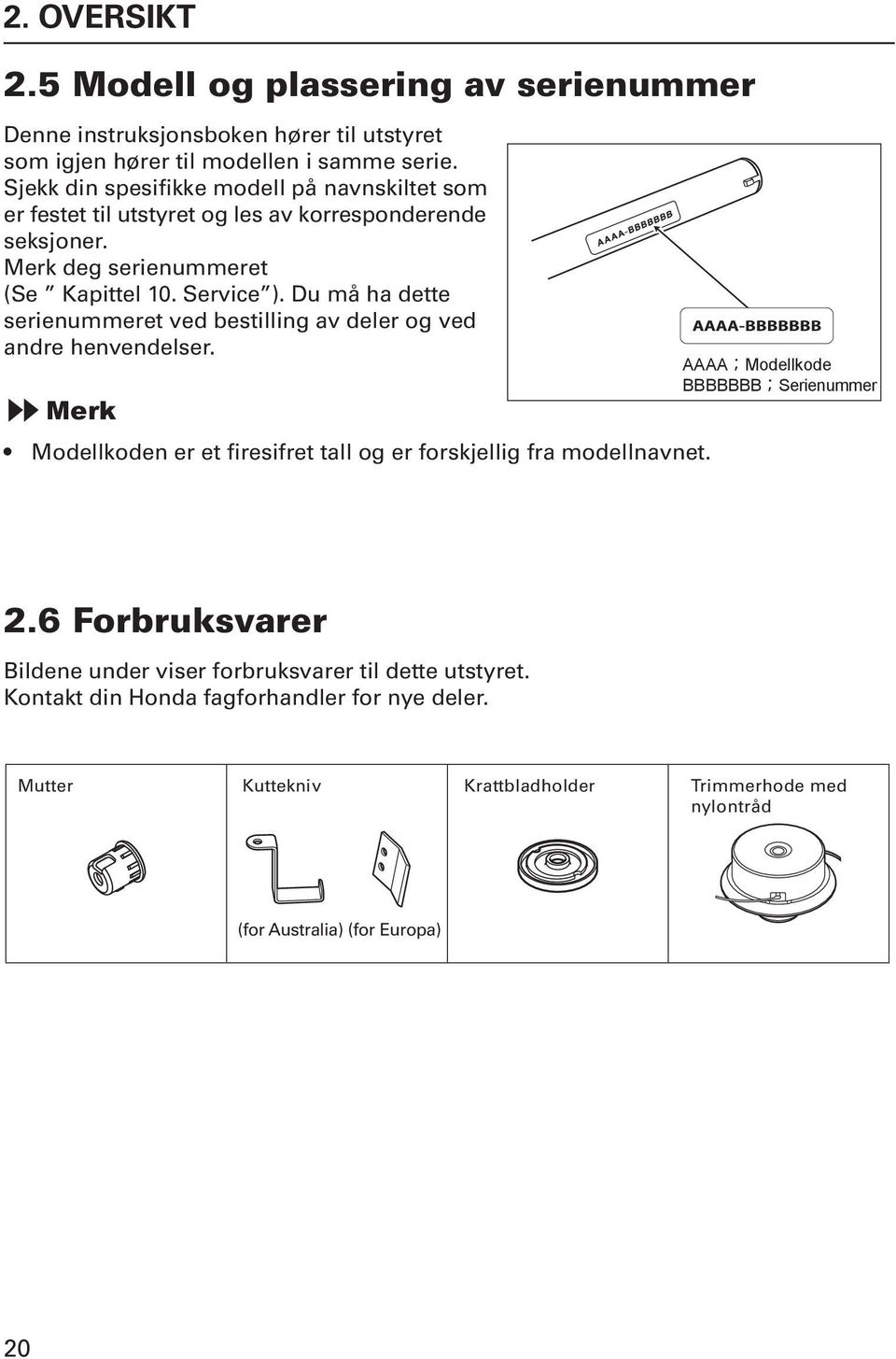 Du må ha dette serienummeret ved bestilling av deler og ved andre henvendelser. Merk FARE Modellkoden er et firesifret tall og er forskjellig fra modellnavnet.