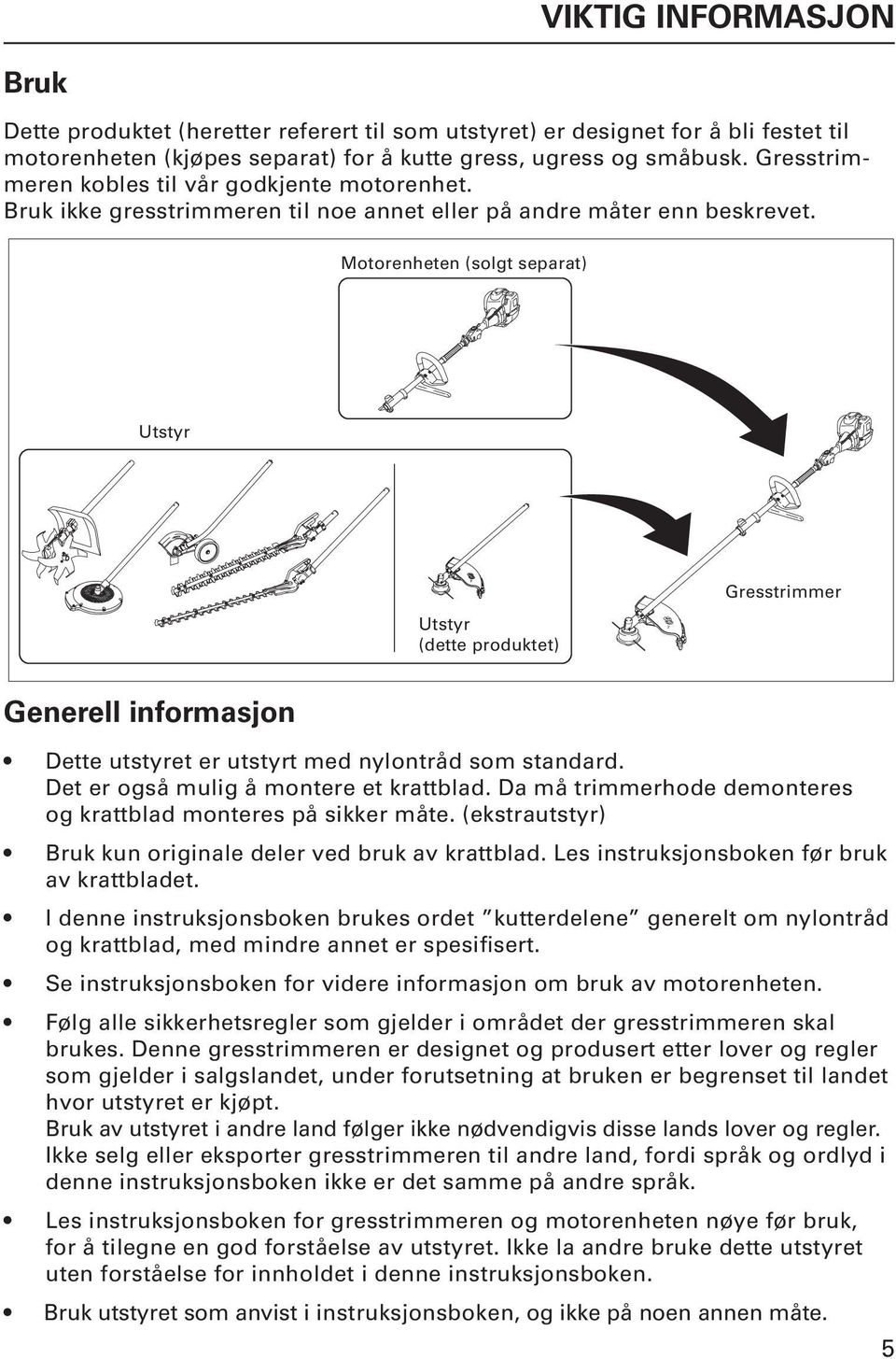 Motorenheten (solgt separat) Utstyr Utstyr (dette produktet) Gresstrimmer Generell informasjon Dette utstyret er utstyrt med nylontråd som standard. Det er også mulig å montere et krattblad.