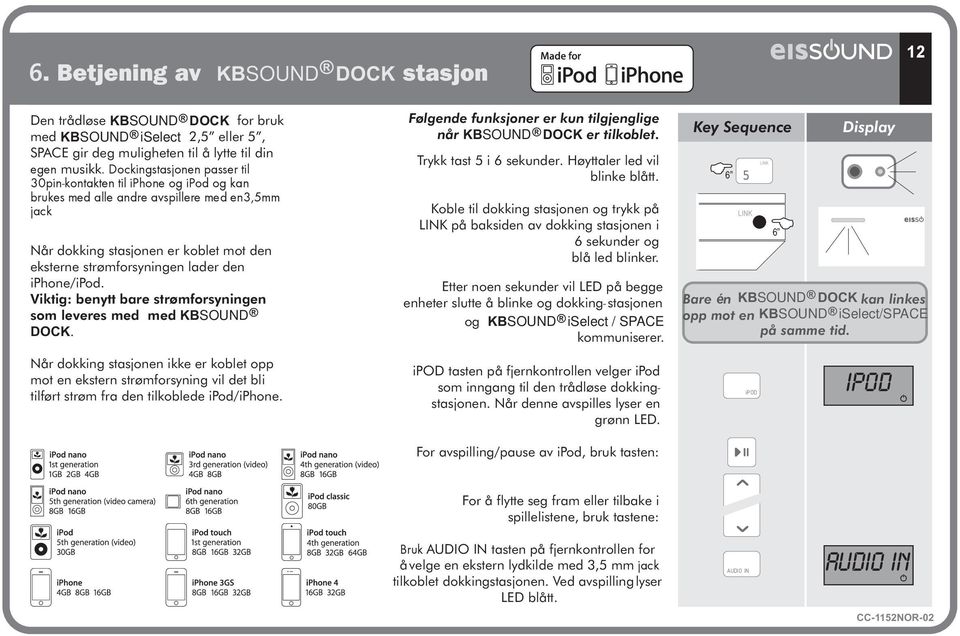 iphone/ipod. Viktig: benytt bare strømforsyningen som leveres med med KBSOUND DOCK.