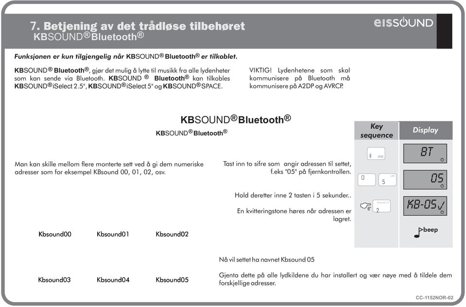 Lydenhetene som skal kommunisere på Bluetooth må kommunisere på A2DP og AVRCP. 7.1.- Tildeling av numerisk adresse til KBSOUND Bluetooth Viktig!