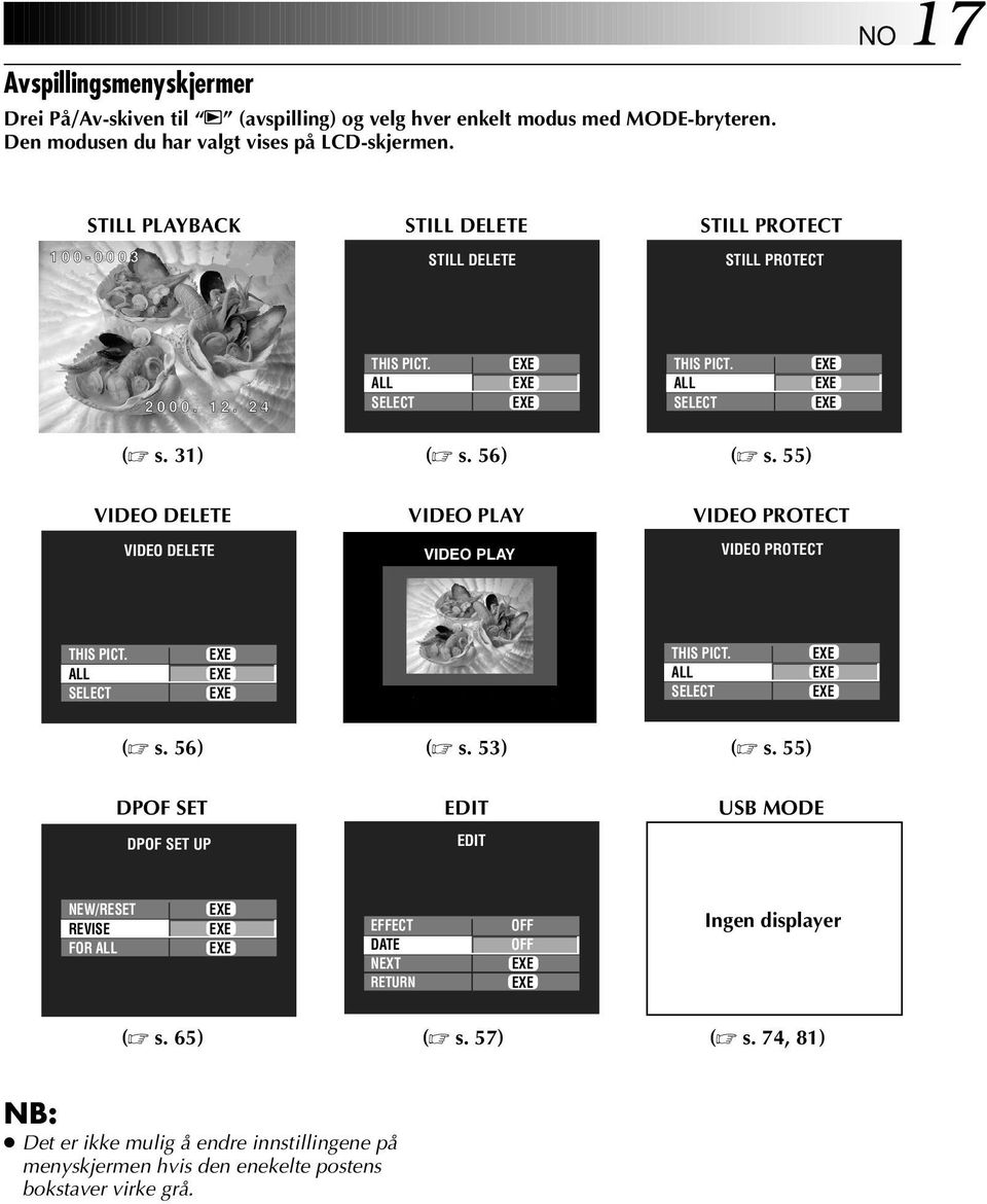 55) VIDEO DELETE VIDEO PLAY VIDEO PROTECT VIDEO DELETE VIDEO PROTECT THIS PICT. ALL SELECT THIS PICT. ALL SELECT ( s. 56) ( s. 5) ( s.