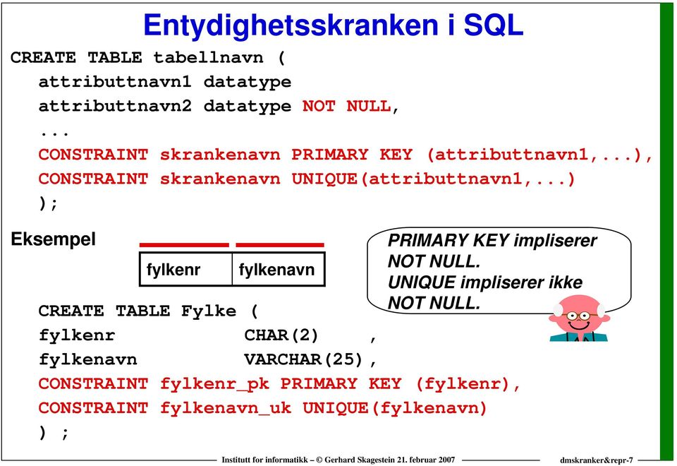 ..) ); Eksempel PRIMARY KEY impliserer fylkenr fylkenavn NOT NULL. UNIQUE impliserer ikke CREATE TABLE Fylke ( NOT NULL.