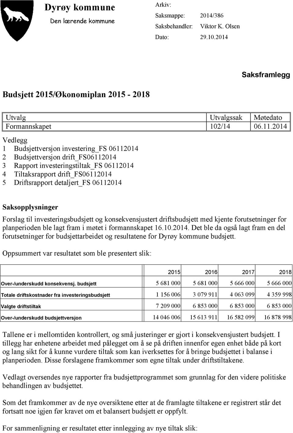 2014 Vedlegg 1 Budsjettversjon investering_fs 06112014 2 Budsjettversjon drift_fs06112014 3 Rapport investeringstiltak_fs 06112014 4 srapport drift_fs06112014 5 Driftsrapport detaljert_fs 06112014