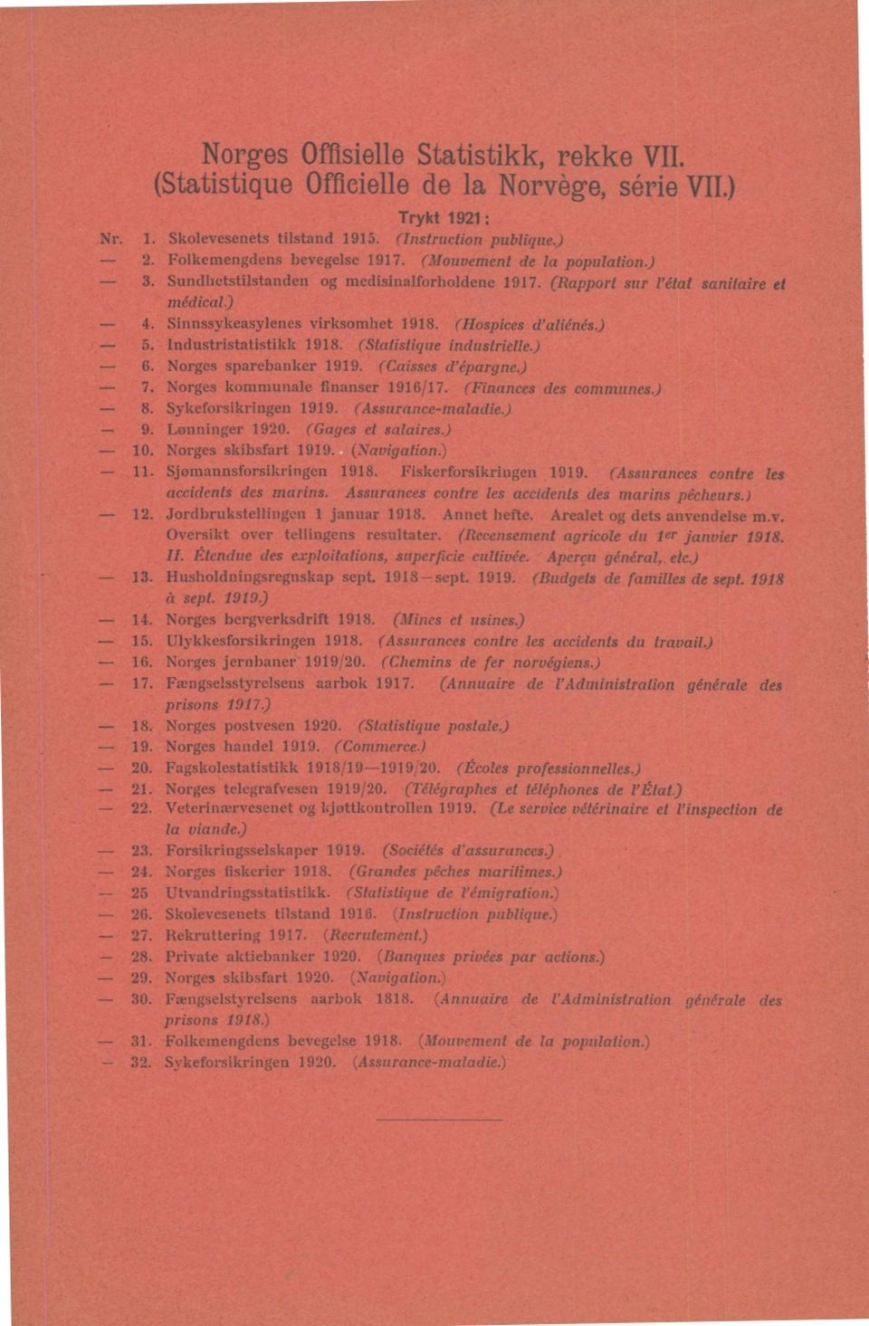 Industristatistikk 1918. (Statistique industrielle.) 6. Norges sparebanker 1919. (Caisses d'épargne.) 7. Norges kommunale finanser 1916/17. (Finances des communes.) 8. Sykeforsikringen 1919.