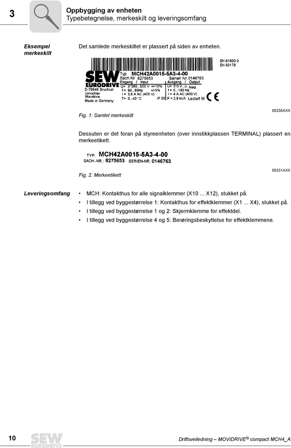 2: Merkeetikett 05231AXX Leveringsomfang MCH: Kontakthus for alle signalklemmer (X10... X12), stukket på.