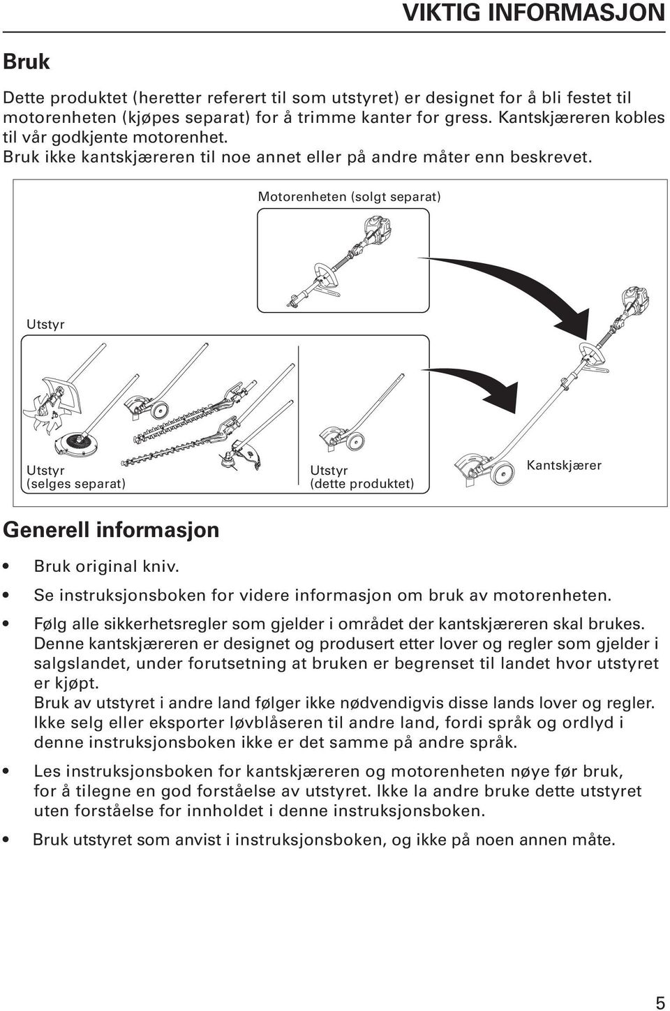 Motorenheten (solgt separat) Utstyr Utstyr (selges separat) Utstyr (dette produktet) Kantskjærer Generell informasjon Bruk original kniv.