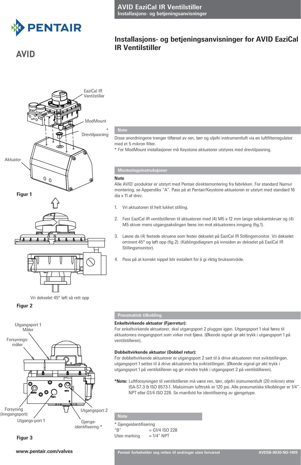 Aktuator Figur 1 Monteringsinstruksjoner Note Alle AVID produkter er utstyrt med Pentair direktemontering fra fabrikken. For standard Namur montering, se Appendiks A.