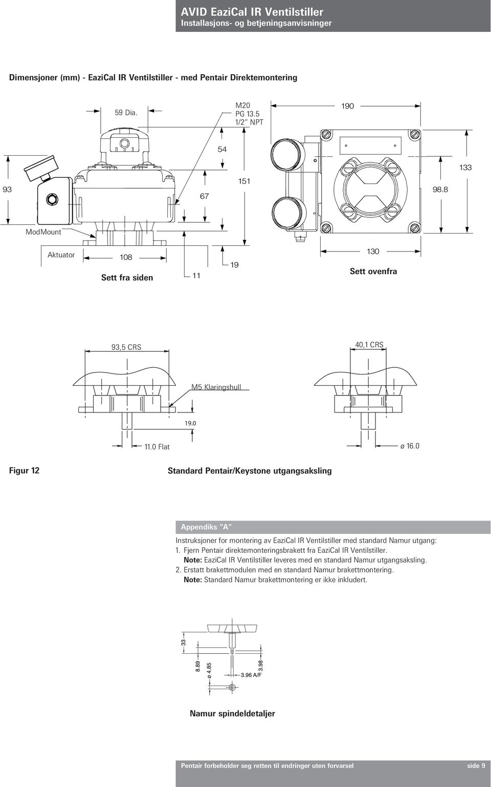 0 Figur 12 Standard Pentair/Keystone utgangsaksling Appendiks A Instruksjoner for montering av EaziCal IR Ventilstiller med standard Namur utgang: 1.