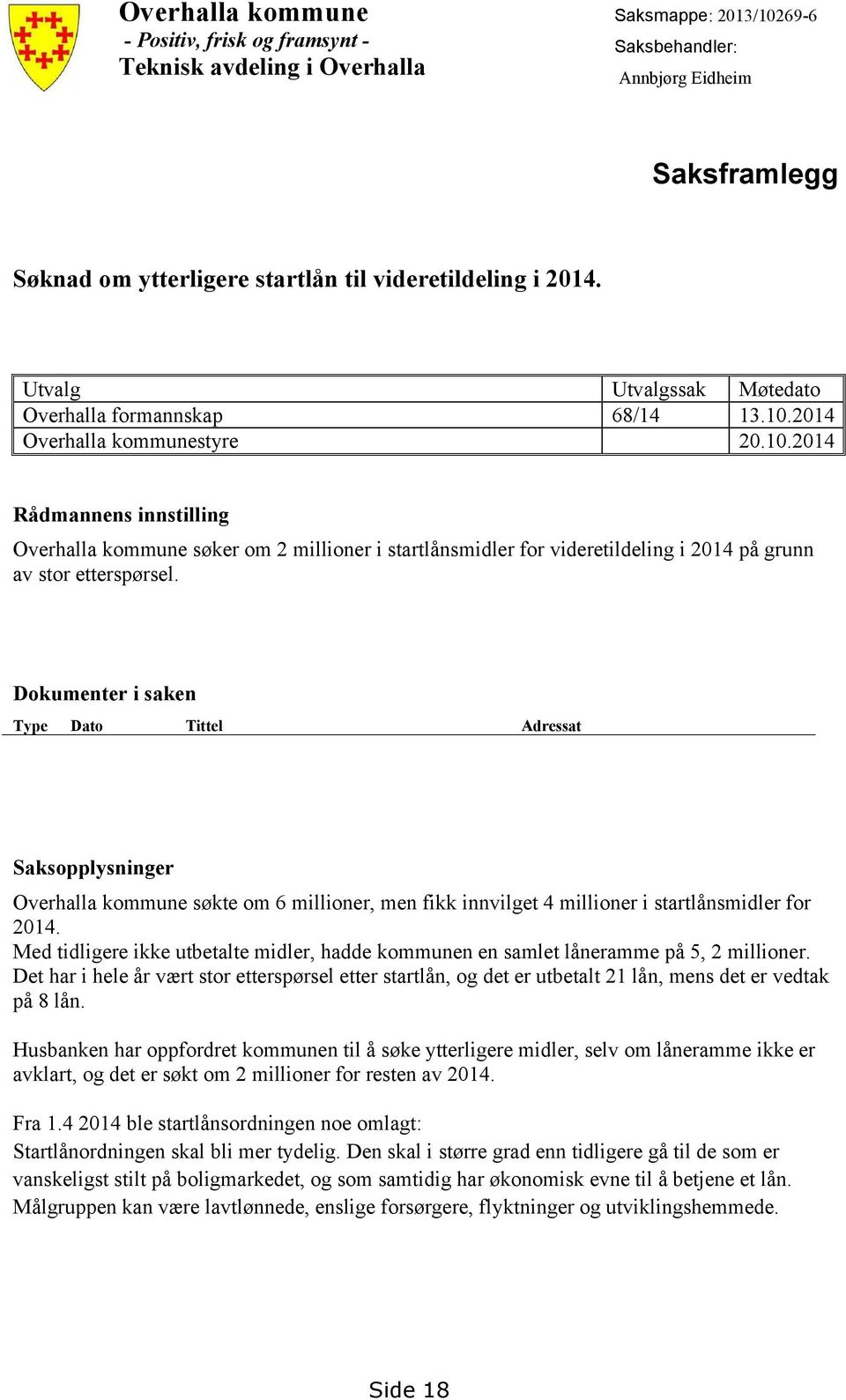 2014 Overhalla kommunestyre 20.10.2014 Rådmannens innstilling Overhalla kommune søker om 2 millioner i startlånsmidler for videretildeling i 2014 på grunn av stor etterspørsel.