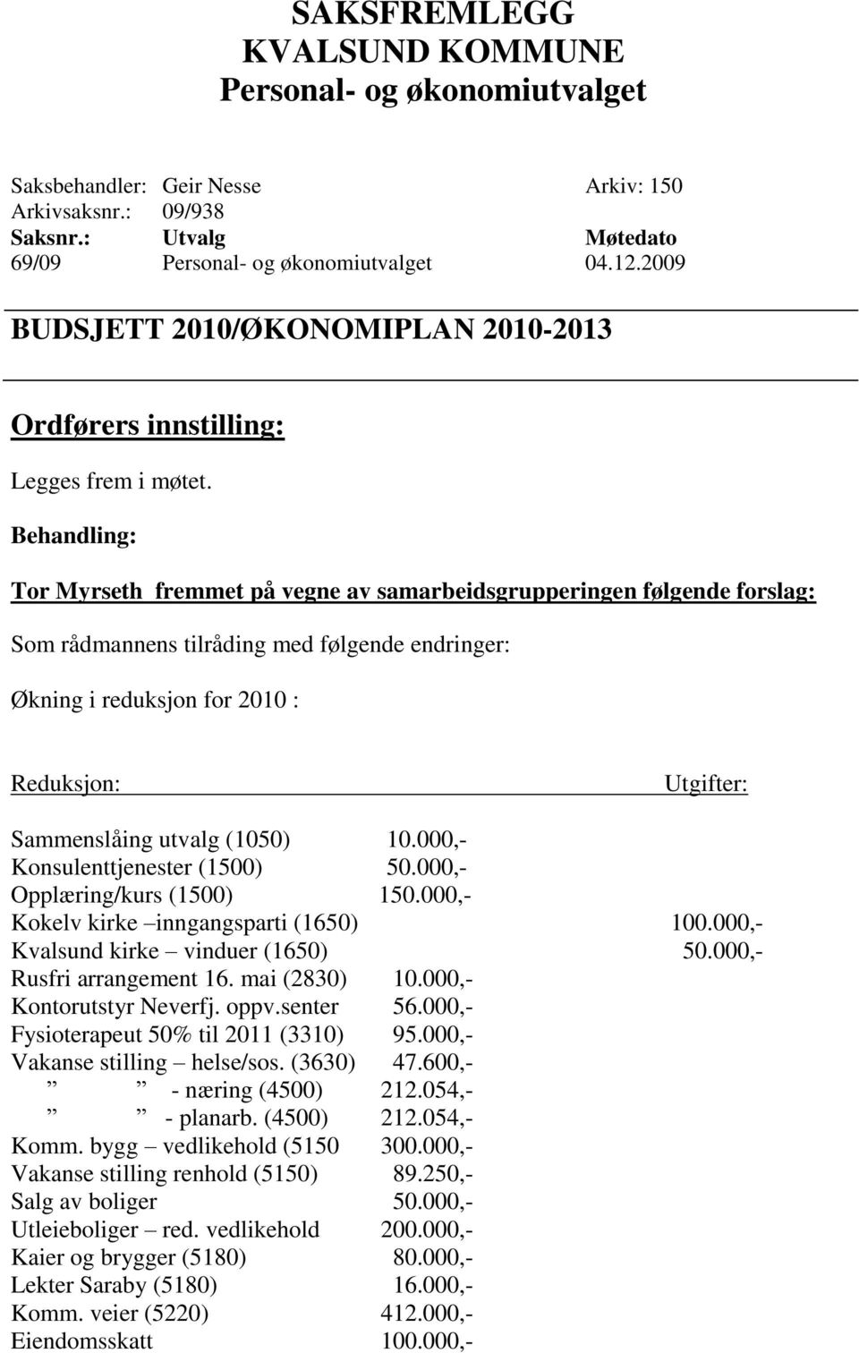 10.000,- Konsulenttjenester (1500) 50.000,- Opplæring/kurs (1500) 150.000,- Kokelv kirke inngangsparti (1650) 100.000,- Kvalsund kirke vinduer (1650) 50.000,- Rusfri arrangement 16. mai (2830) 10.