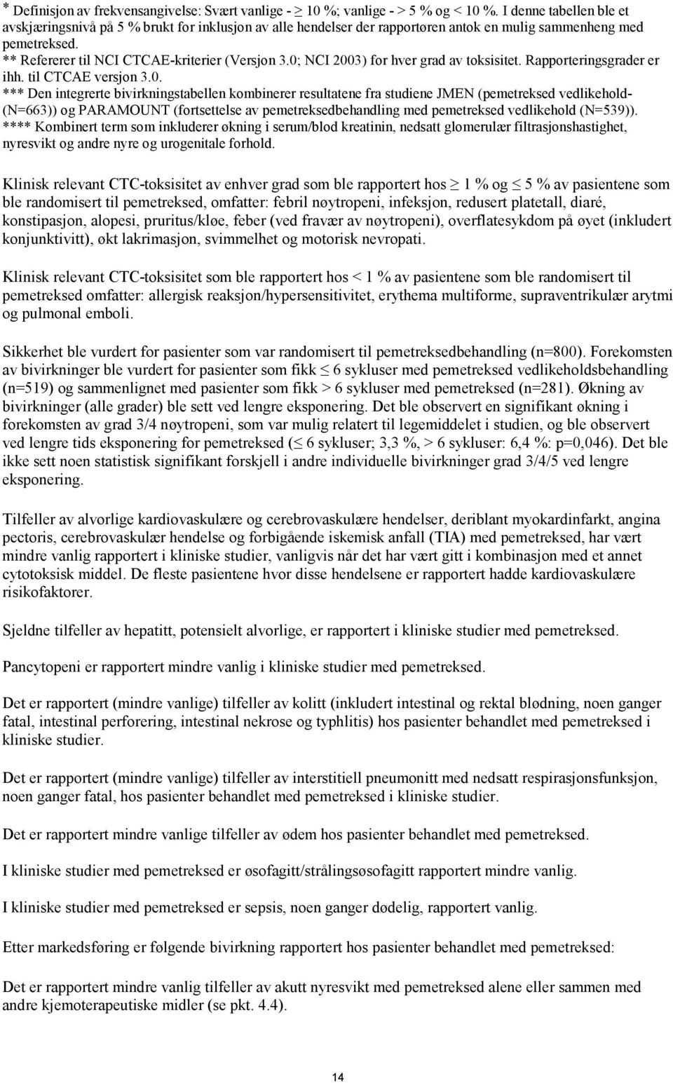 0; NCI 2003) for hver grad av toksisitet. Rapporteringsgrader er ihh. til CTCAE versjon 3.0. *** Den integrerte bivirkningstabellen kombinerer resultatene fra studiene JMEN (pemetreksed vedlikehold-