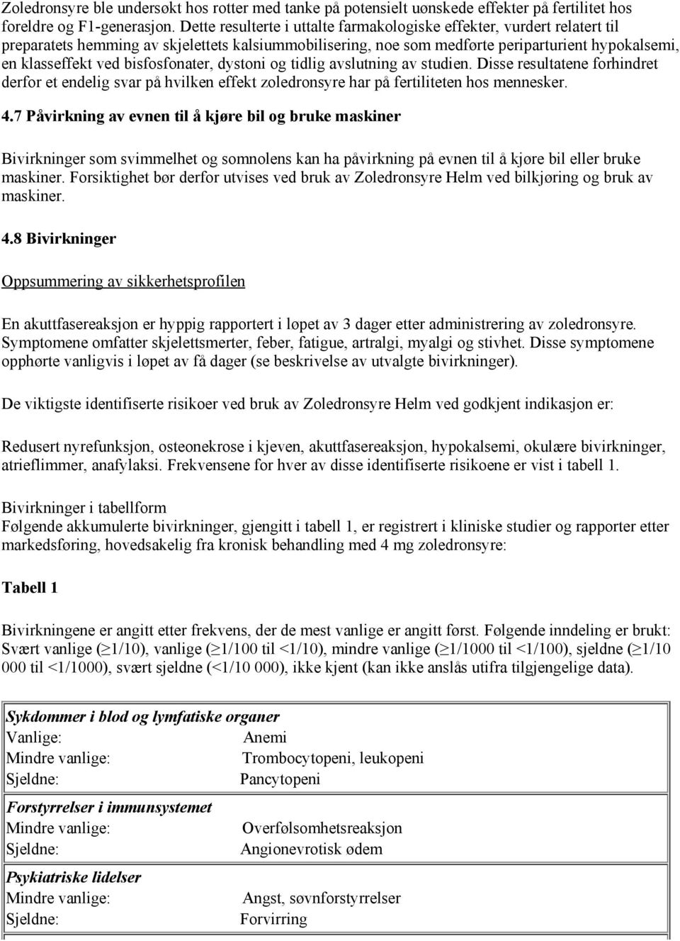 bisfosfonater, dystoni og tidlig avslutning av studien. Disse resultatene forhindret derfor et endelig svar på hvilken effekt zoledronsyre har på fertiliteten hos mennesker. 4.