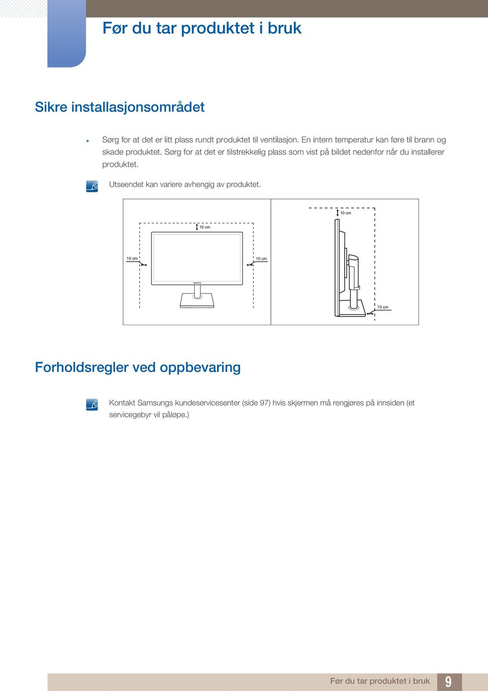 Sørg for at det er tilstrekkelig plass som vist på bildet nedenfor når du installerer produktet.