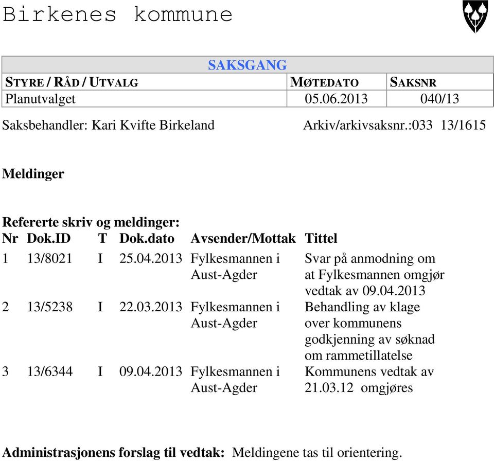 04.2013 Fylkesmannen i Aust-Agder Tittel Svar på anmodning om at Fylkesmannen omgjør vedtak av 09.04.2013 Behandling av klage over kommunens godkjenning av søknad om rammetillatelse Kommunens vedtak av 21.