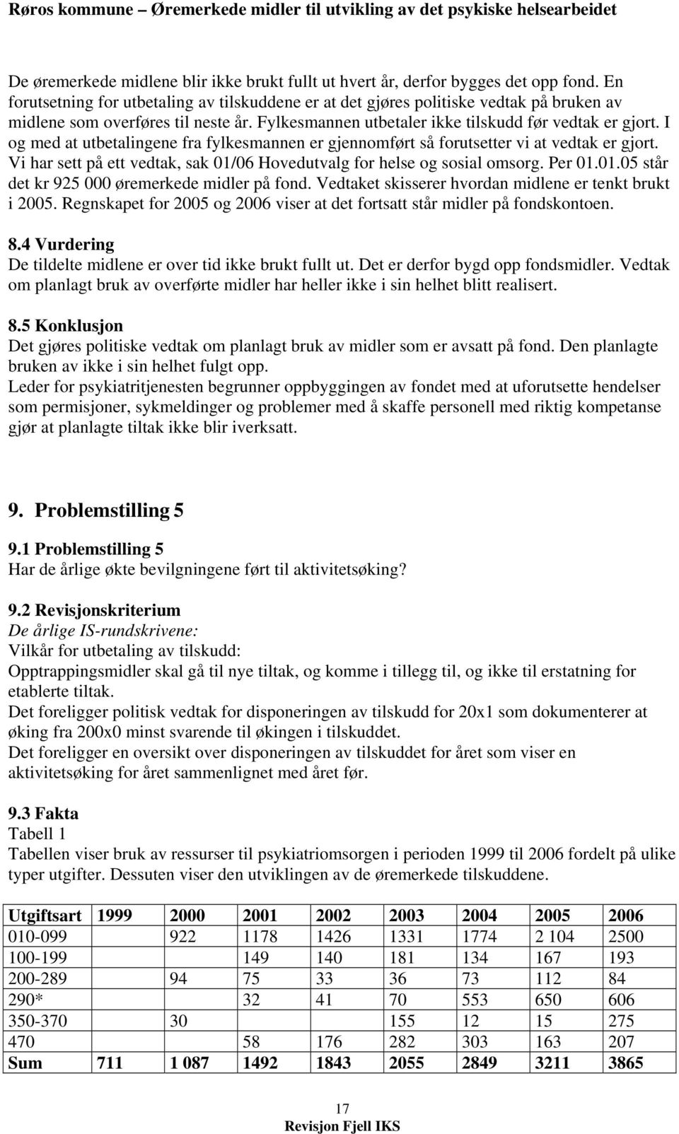 I og med at utbetalingene fra fylkesmannen er gjennomført så forutsetter vi at vedtak er gjort. Vi har sett på ett vedtak, sak 01/06 Hovedutvalg for helse og sosial omsorg. Per 01.01.05 står det kr 925 000 øremerkede midler på fond.