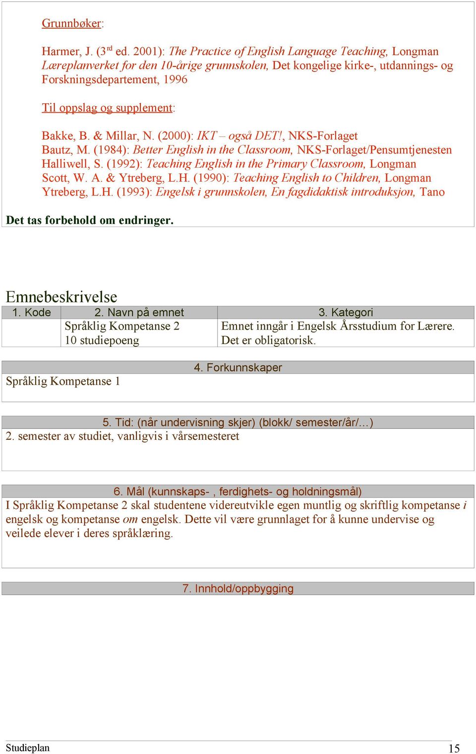 Bakke, B. & Millar, N. (2000): IKT også DET!, NKS-Forlaget Bautz, M. (1984): Better English in the Classroom, NKS-Forlaget/Pensumtjenesten Halliwell, S.