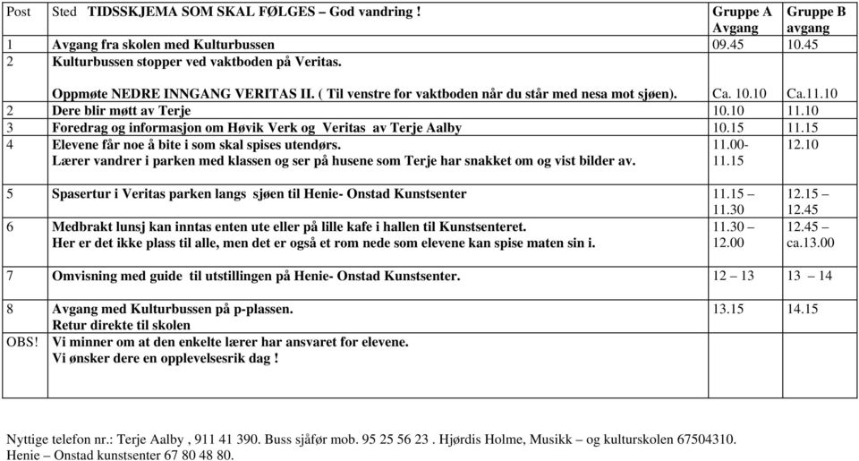 10 3 Foredrag og informasjon om Høvik Verk og Veritas av Terje Aalby 10.15 11.15 4 Elevene får noe å bite i som skal spises utendørs.