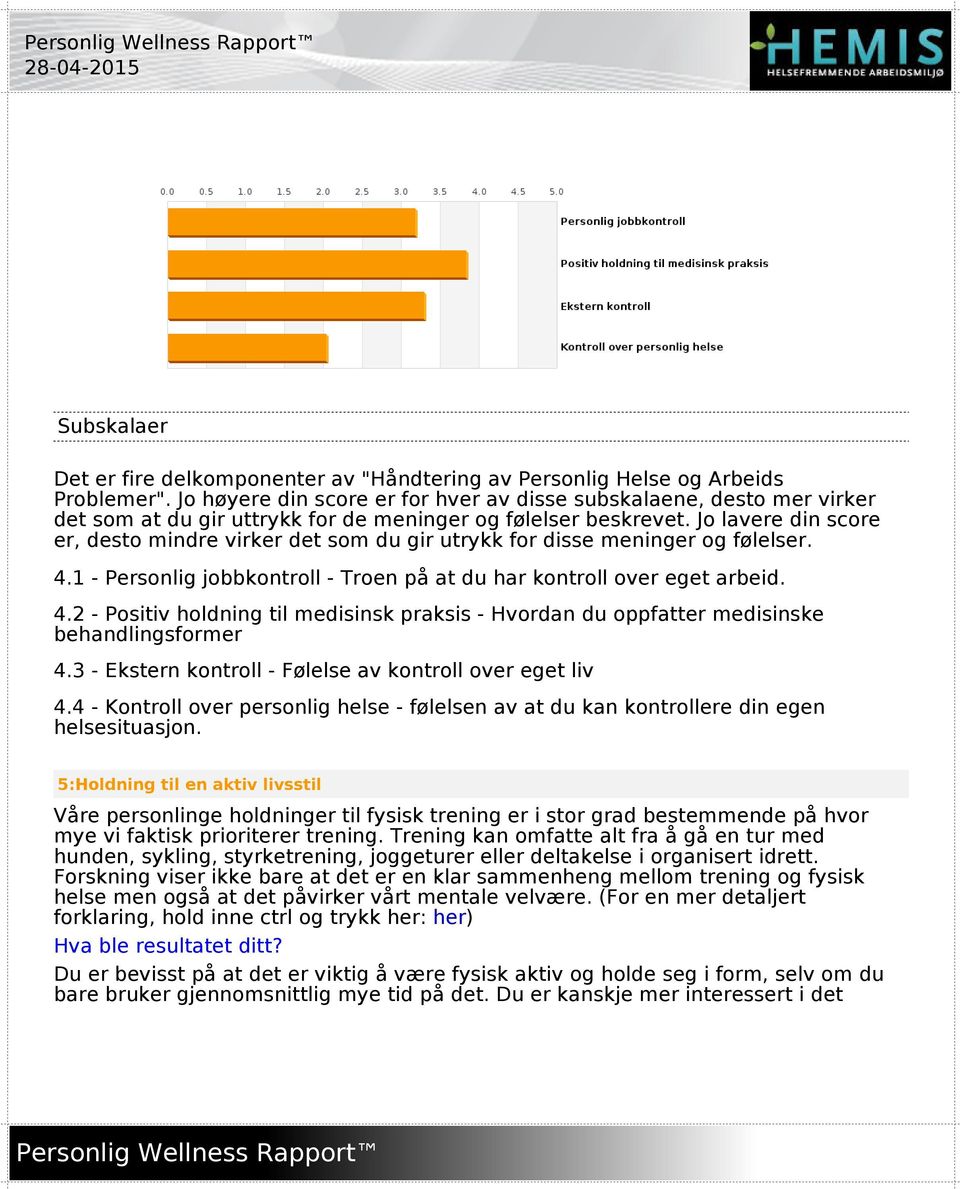 Jo lavere din score er, desto mindre virker det som du gir utrykk for disse meninger og følelser. 4.1 - Personlig jobbkontroll - Troen på at du har kontroll over eget arbeid. 4.2 - Positiv holdning til medisinsk praksis - Hvordan du oppfatter medisinske behandlingsformer 4.