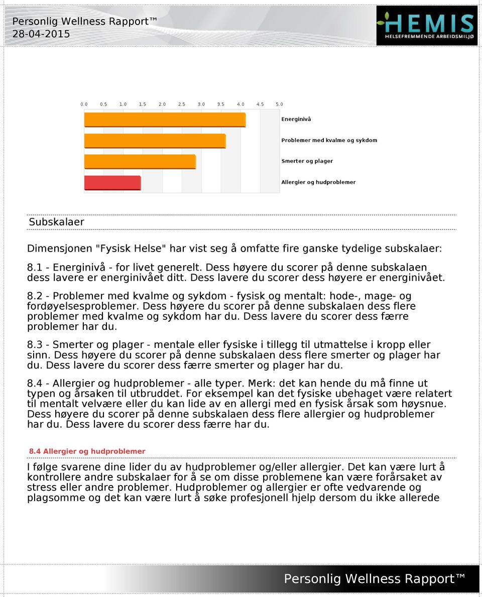 2 - Problemer med kvalme og sykdom - fysisk og mentalt: hode-, mage- og fordøyelsesproblemer. Dess høyere du scorer på denne subskalaen dess flere problemer med kvalme og sykdom har du.