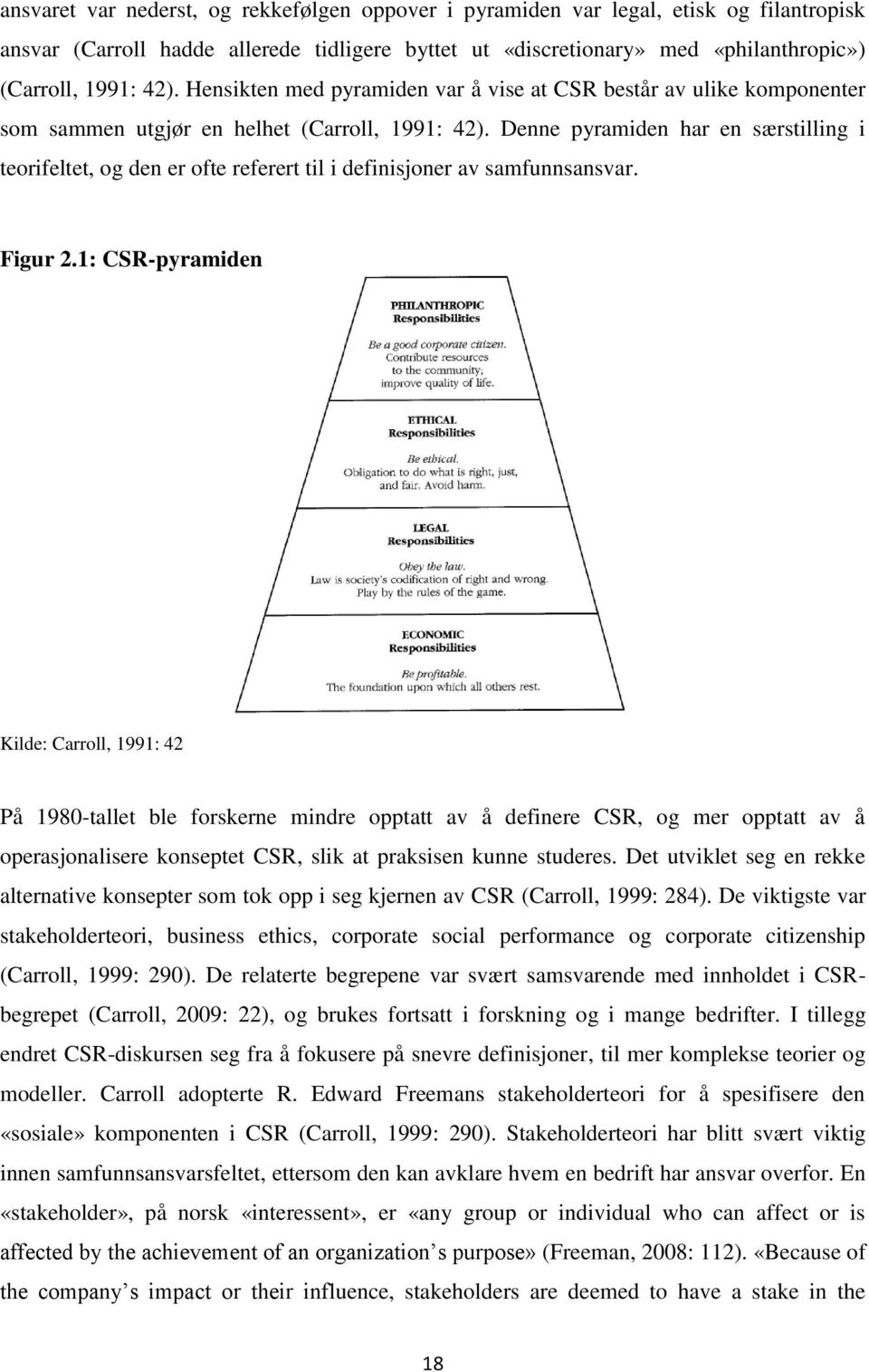 Denne pyramiden har en særstilling i teorifeltet, og den er ofte referert til i definisjoner av samfunnsansvar. Figur 2.