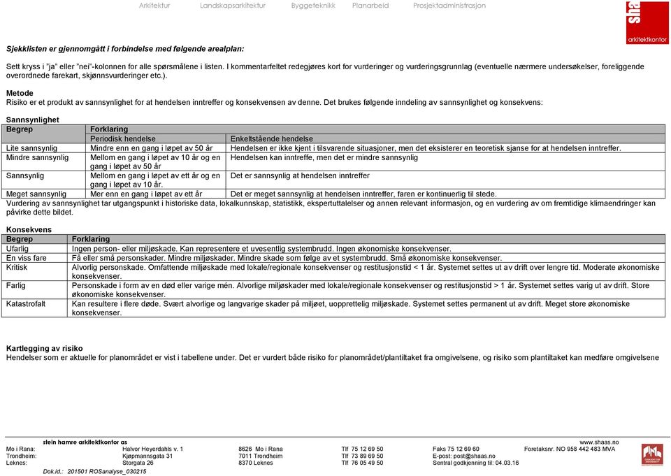 Metode Risiko er et produkt av sannsynlighet for at hendelsen inntreffer og konsekvensen av denne.