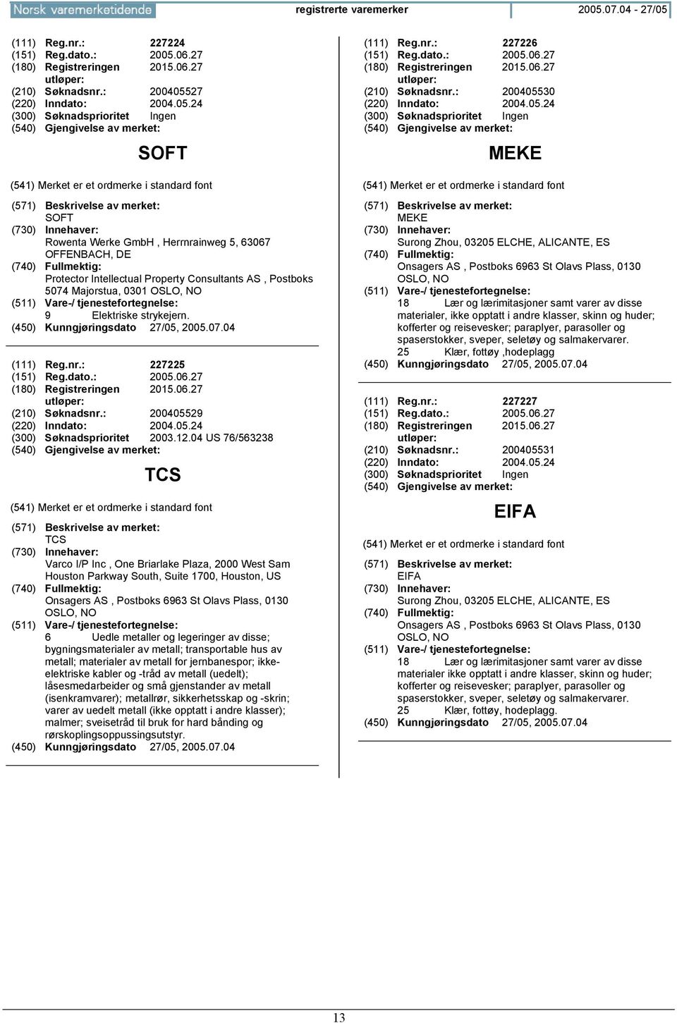 (111) Reg.nr.: 227225 (151) Reg.dato.: 2005.06.27 (180) Registreringen 2015.06.27 (210) Søknadsnr.: 200405529 (220) Inndato: 2004.05.24 (300) Søknadsprioritet 2003.12.