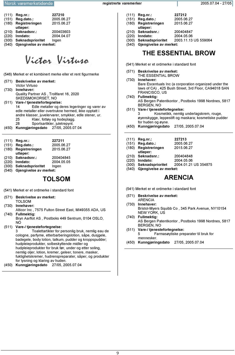 13 US 559064 THE ESSENTIAL BROW Victor Virtuso Quality Partner AS, Trollfaret 16, 2020 SKEDSMOKORSET, 14 Edle metaller og deres legeringer og varer av edle metaller eller overtrukne hermed, ikke