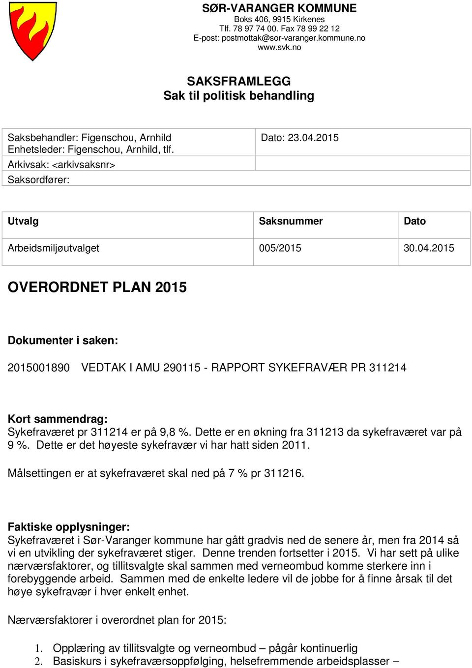 2015 Utvalg Saksnummer Dato Arbeidsmiljøutvalget 005/2015 30.04.
