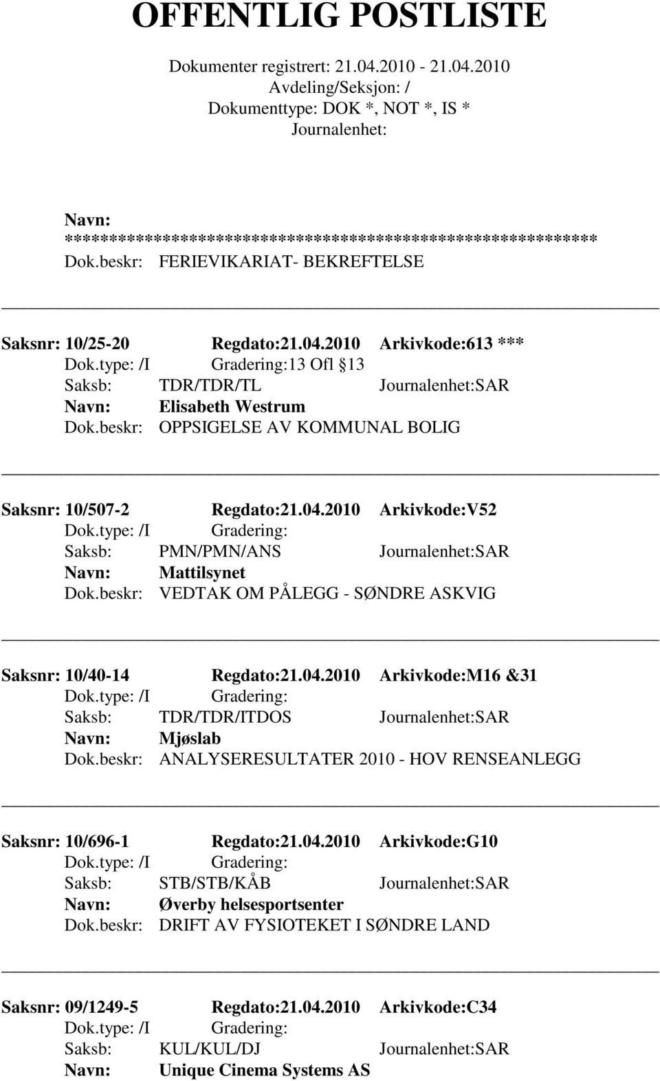 beskr: VEDTAK OM PÅLEGG - SØNDRE ASKVIG Saksnr: 10/40-14 Regdato:21.04.2010 Arkivkode:M16 &31 Saksb: TDR/TDR/ITDOS SAR Mjøslab Dok.