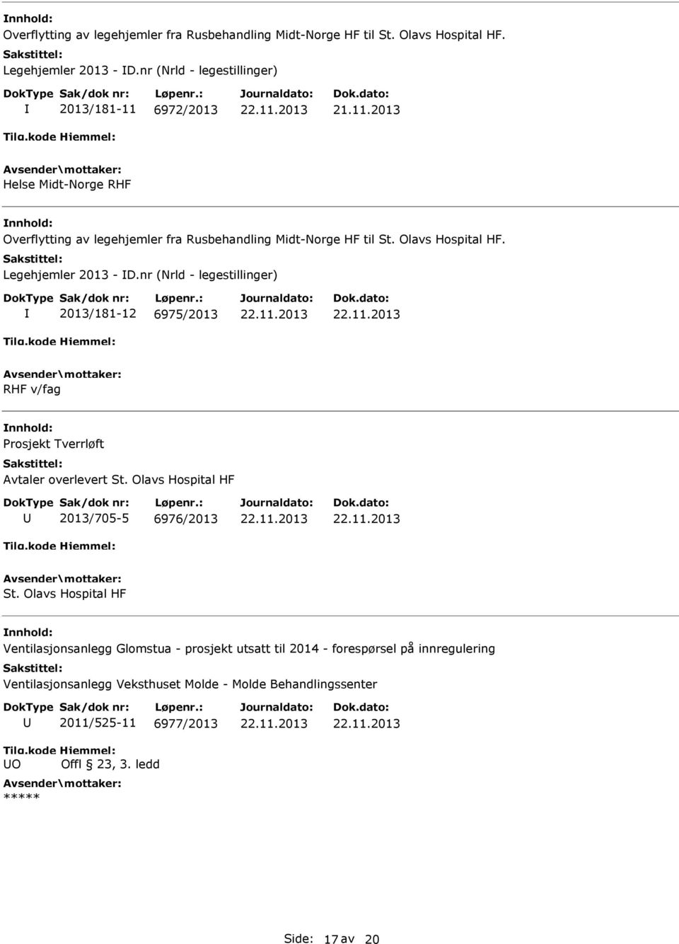 nr (Nrld - legestillinger) 2013/181-12 6975/2013 RHF v/fag rosjekt Tverrløft Avtaler overlevert St. Olavs Hospital HF 2013/705-5 6976/2013 St.