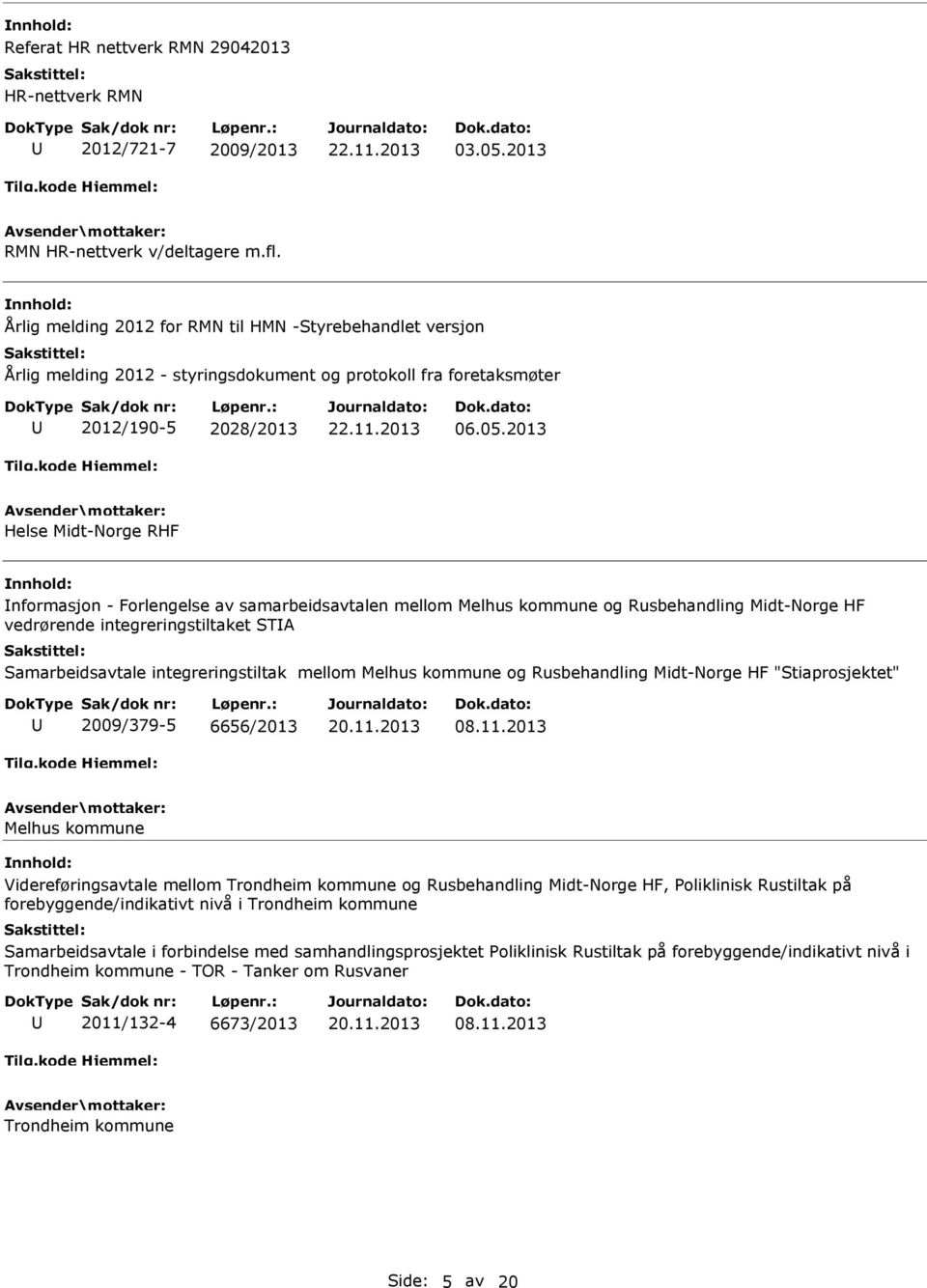 2013 Helse Midt-Norge RHF nformasjon - Forlengelse av samarbeidsavtalen mellom Melhus kommune og Rusbehandling Midt-Norge HF vedrørende integreringstiltaket STA Samarbeidsavtale integreringstiltak