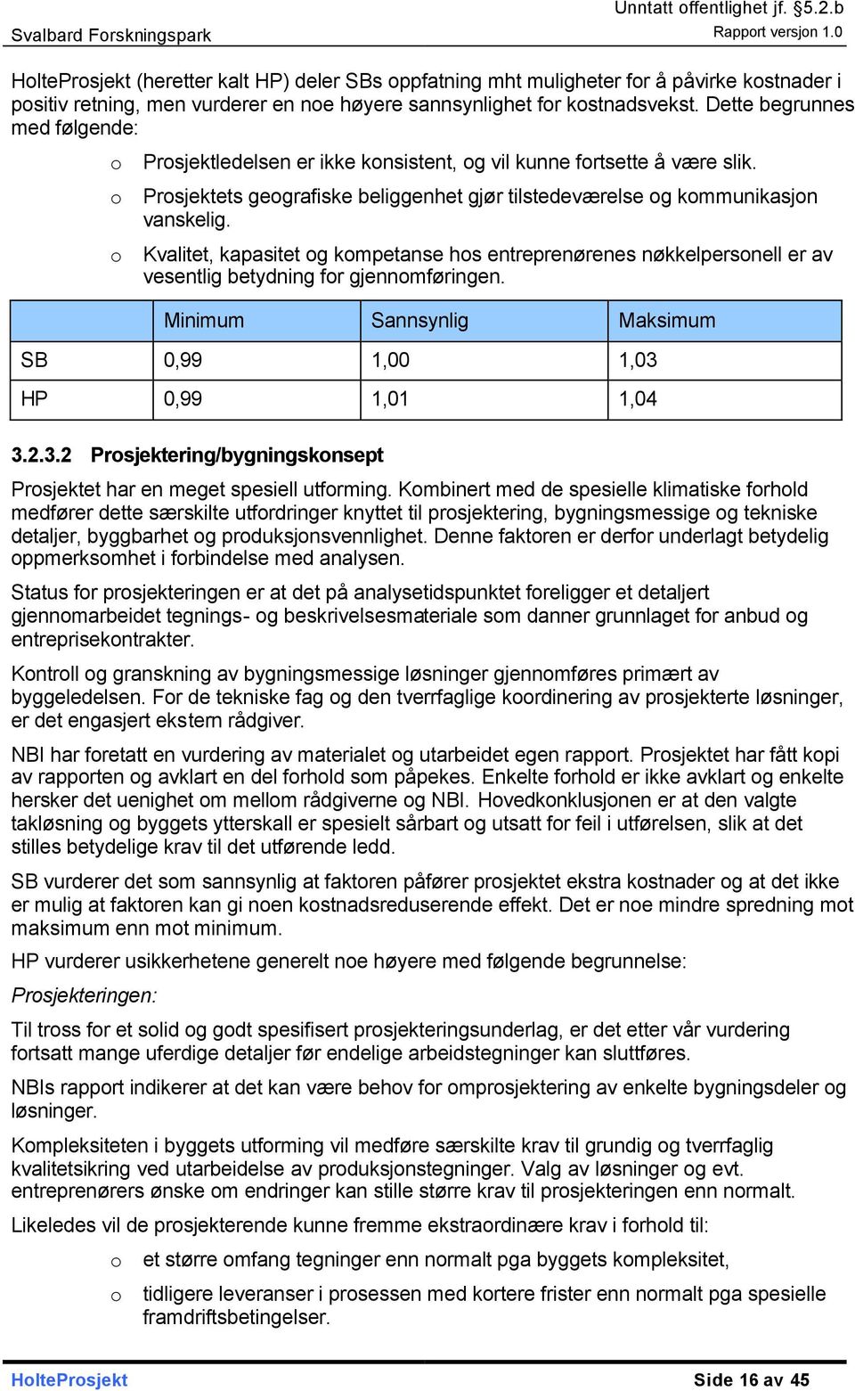 o Kvalitet, kapasitet og kompetanse hos entreprenørenes nøkkelpersonell er av vesentlig betydning for gjennomføringen. Minimum Sannsynlig Maksimum SB 0,99 1,00 1,03 