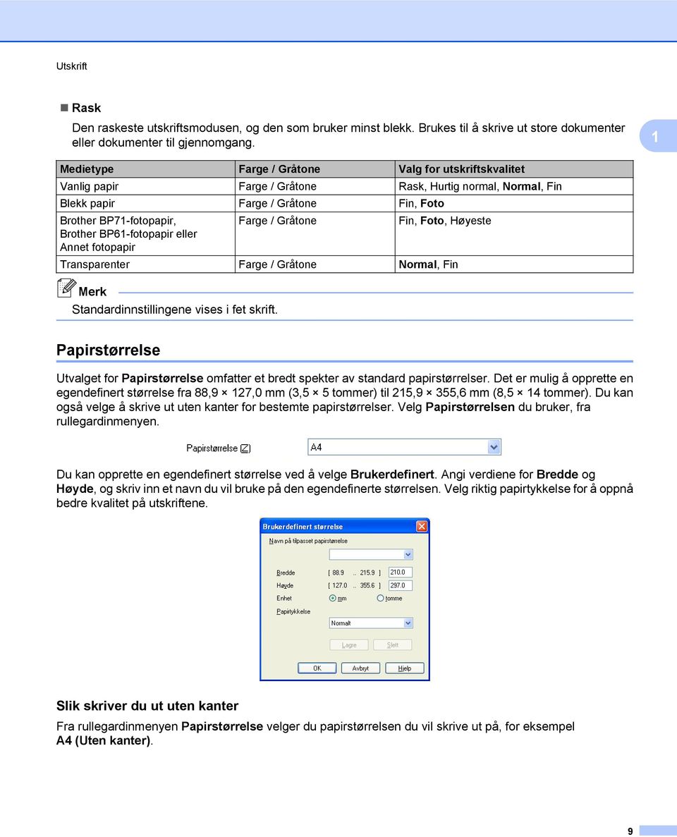 Foto, Høyeste Brother BP61-fotopapir eller Annet fotopapir Transparenter Farge / Gråtone Normal, Fin Standardinnstillingene vises i fet skrift.