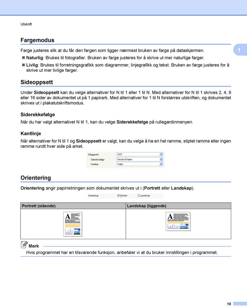 1 Sideoppsett Under Sideoppsett kan du velge alternativer for N til 1 eller 1 til N. Med alternativer for N til 1 skrives 2, 4, 9 eller 16 sider av dokumentet ut på 1 papirark.