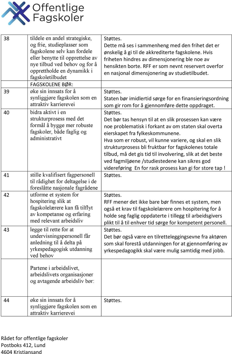 administrativt 41 stille kvalifisert fagpersonell til rådighet for deltagelse i de foreslåtte nasjonale fagrådene 42 utforme et system for hospitering slik at fagskolelærere kan få tilflyt av