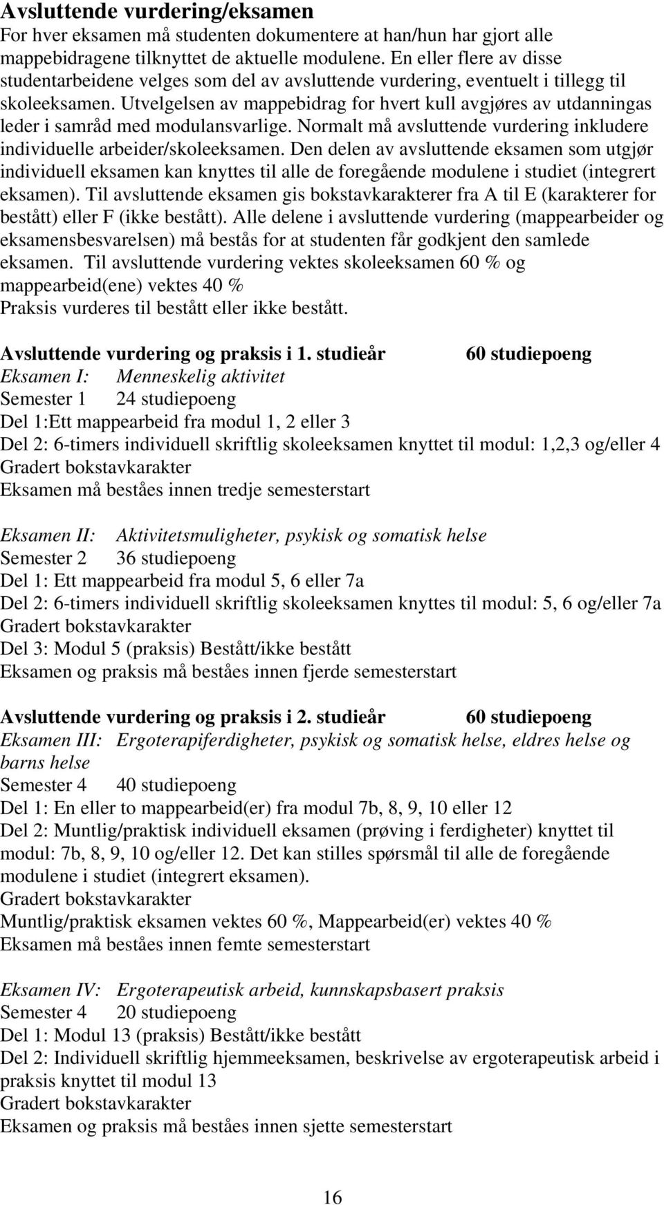 Utvelgelsen av mappebidrag for hvert kull avgjøres av utdanningas leder i samråd med modulansvarlige. Normalt må avsluttende vurdering inkludere individuelle arbeider/skoleeksamen.